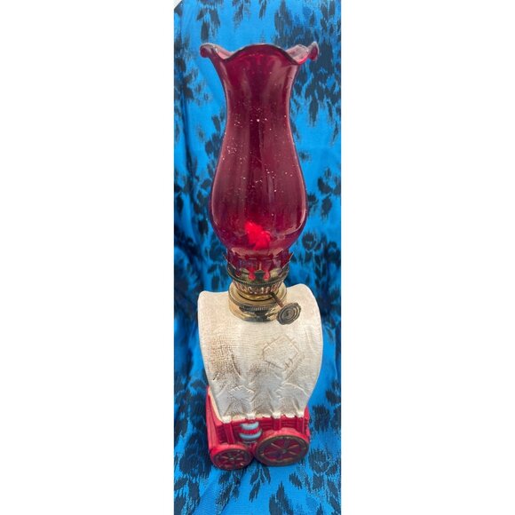 Miniature Covered Wagon Kerosene Lamp Red Glass Chimney Rustic Collectible - Picture 2 of 7